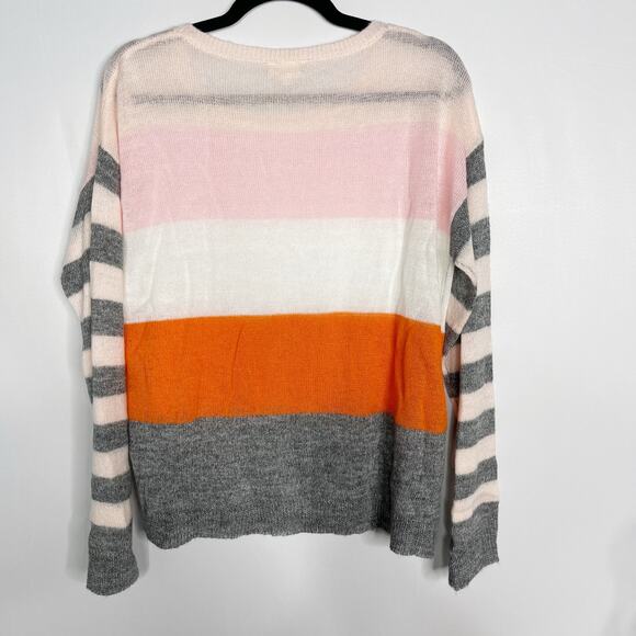 New Hem & Thread Medium Pink Orange Gray Striped Lightweight Sweater Crew Neck - Picture 2 of 10